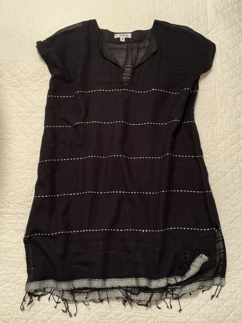 Lemlem Tikuri Tunic Swim Coverup Dress, Black, Silver Thread & Fringe Hem, Small
